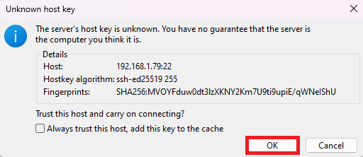FileZilla Establish FTP connection with PC Raspberry Pi accept ok