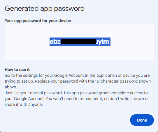 Generated app password
