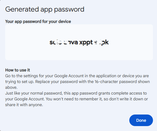Generated app password Google Account