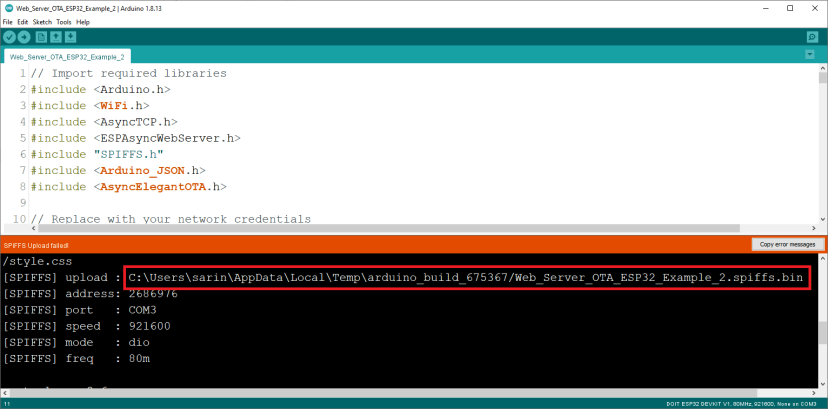Get SPIFFS bin binary File Path