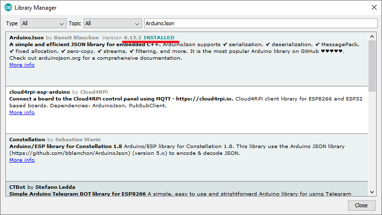Install in Arduino IDE the ArduinoJSON library