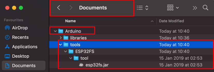 Install SPIFFS ESP32 Mac OS X folder structure