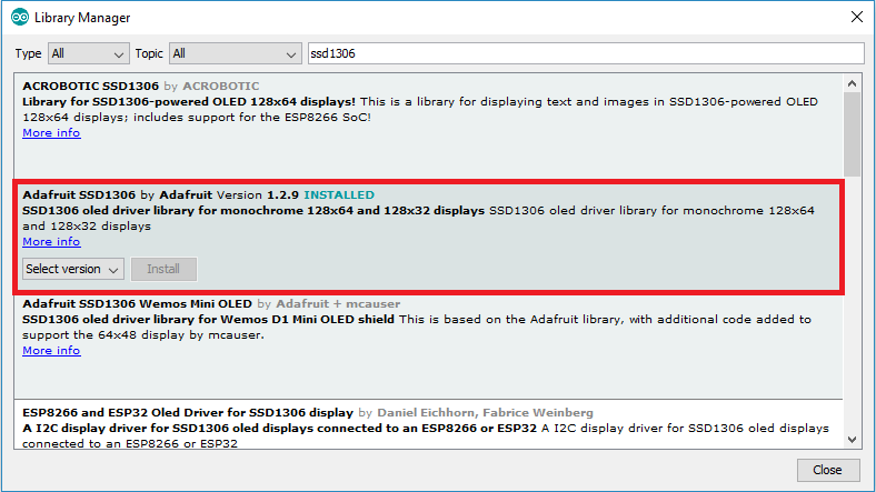 Install Library I2C OLED Display SSD1306 Arduino IDE