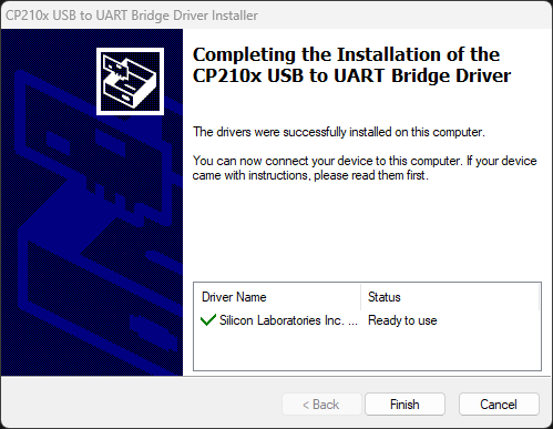 Installation completed success for CP210x USB to UART Bridge Drivers Windows PC