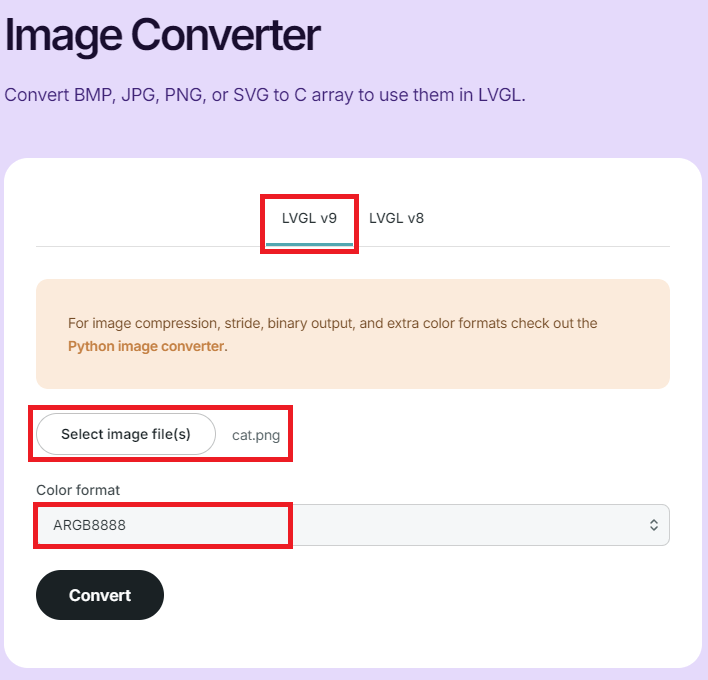 LVGL Image Converter website LVGL.io v9 ARGB8888