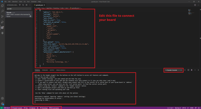 Install Pymakr json config file VS Code Micropython