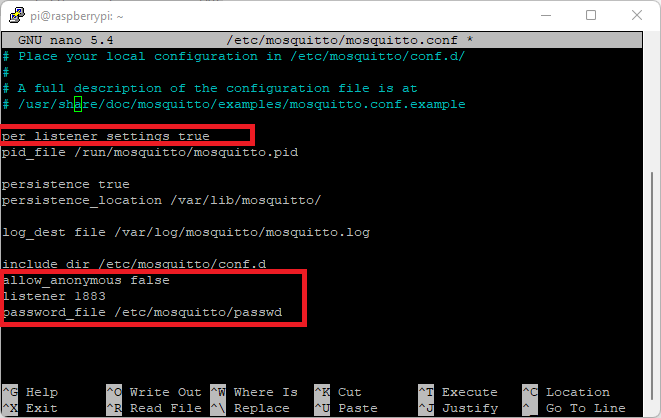 Mosquitto broker configuration file authentication user pass
