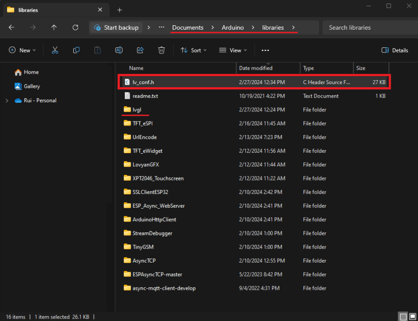 Move copy lv_conf.h configuration file to Arduino libraries folder Arduino IDE 2
