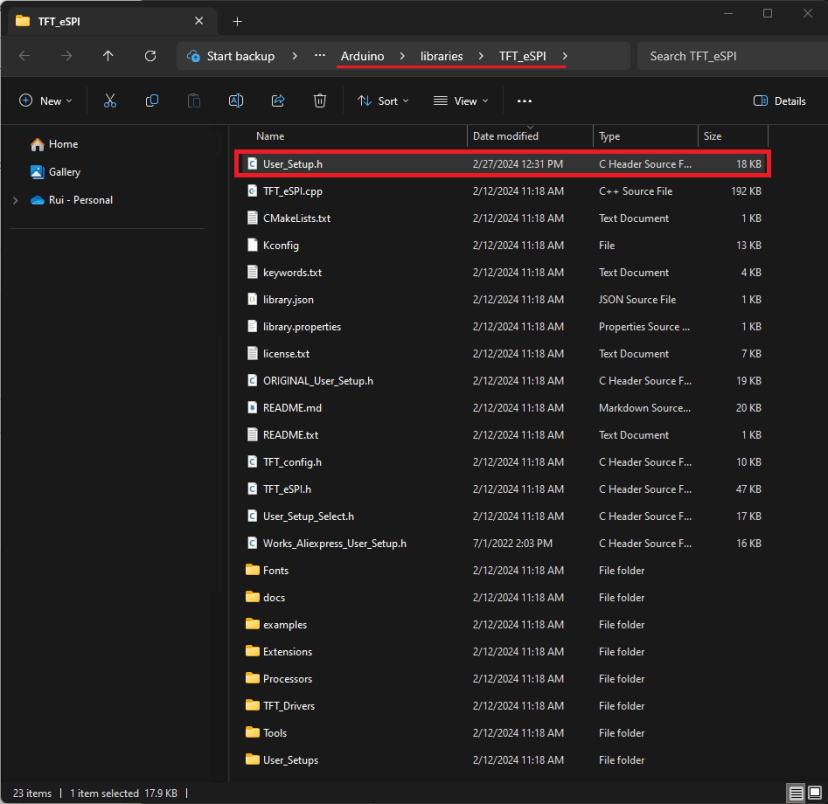 Move copy User_Setup.h file to TFT_eSPI library folder Arduino IDE 2