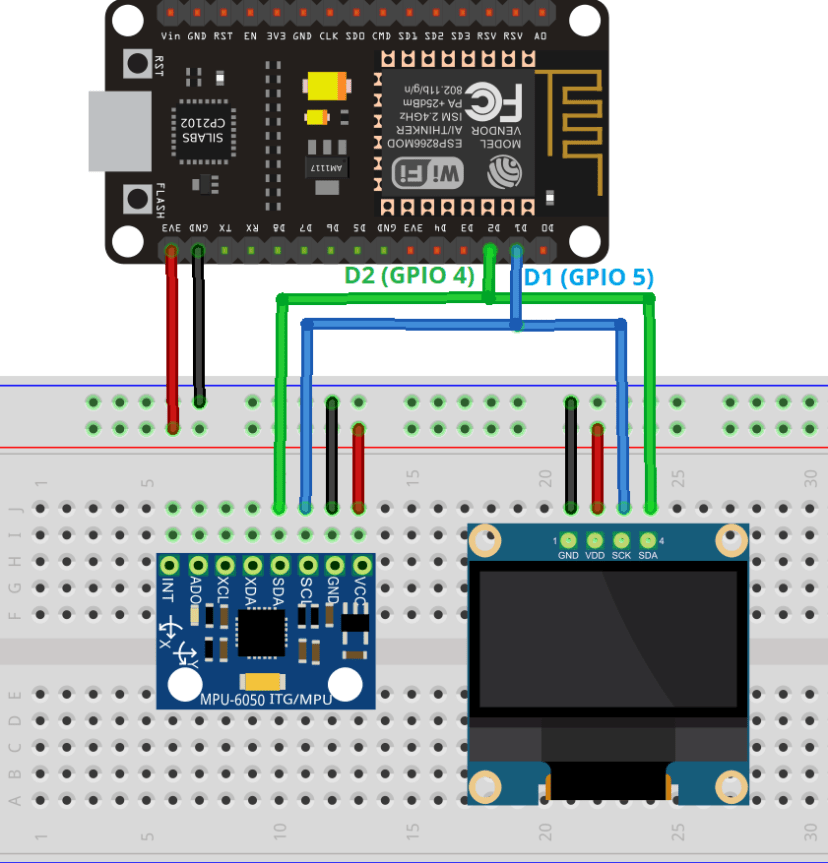 ESP8266 NodeMCU with MPU6050 and OLED Display Wiring Schematic Diagram Circuit