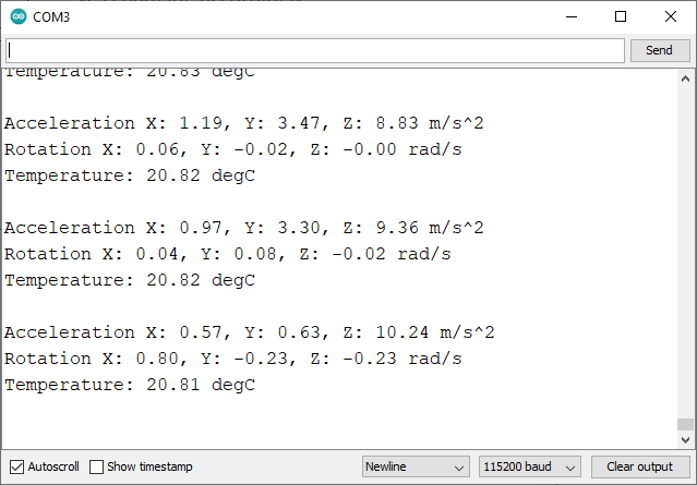 MPU-6050 Sensor Readings Serial Monitor Arduino IDE