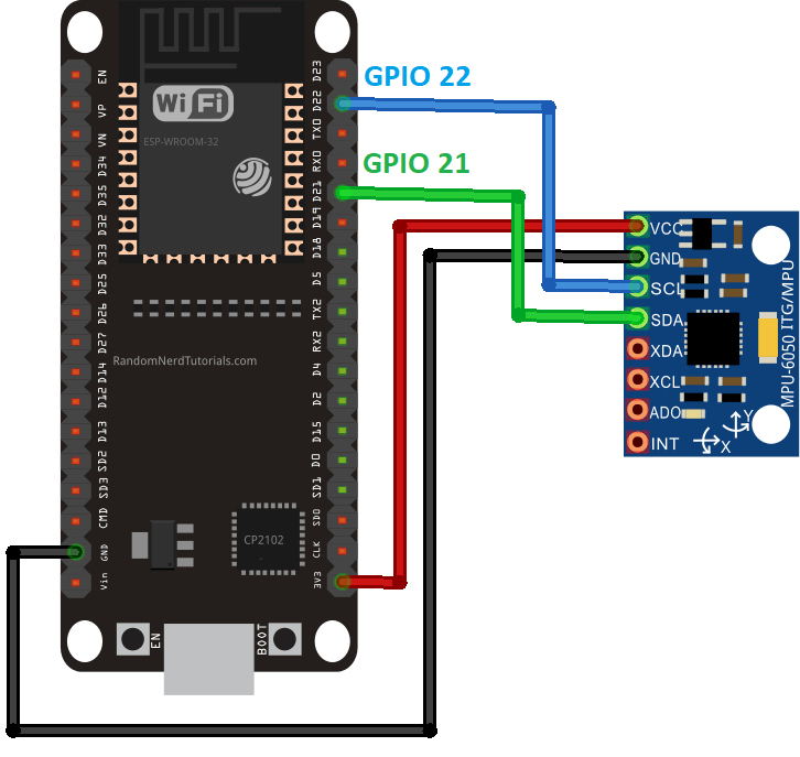 MPU-6050 Accelerometer Gyroscope Wiring to ESP32 Schematic Diagram Circuit