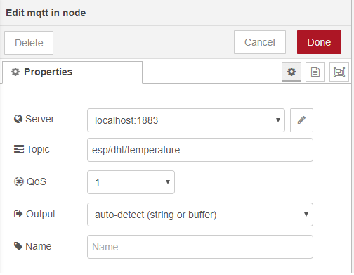 MQTT In Node ESP32 ESP8266 Publish Temperature Humidity Node-RED Flow
