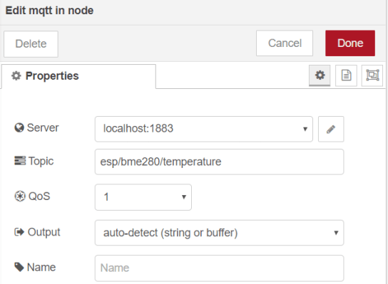 MQTT In Node ESP32 ESP8266 Publish Temperature Humidity Pressure Node-RED Flow