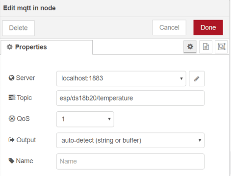 MQTT In node ESP8266 Publish Temperature Node-RED Flow