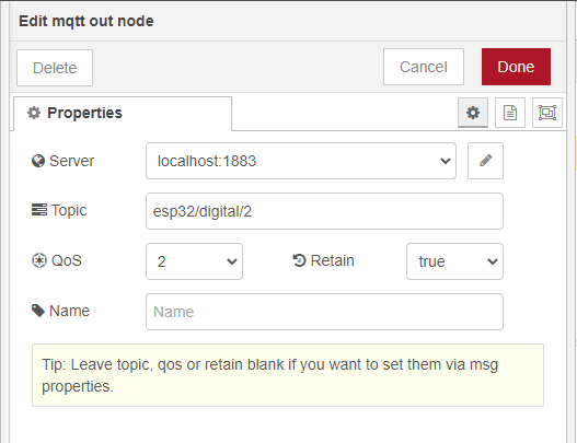 edit MQTT output node to publish message