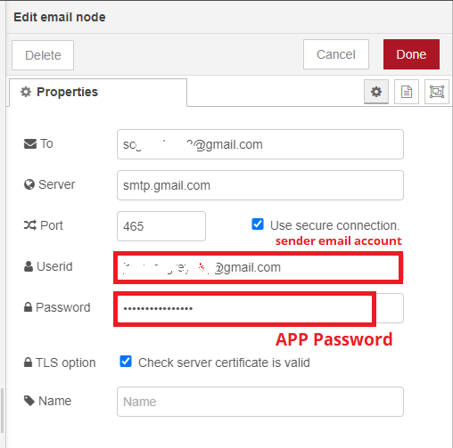Node-RED send email node