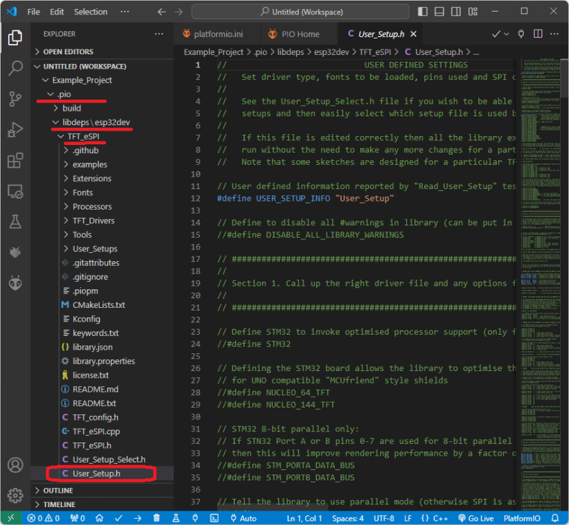 Opening the user_setup TFT eSPI in VS Code