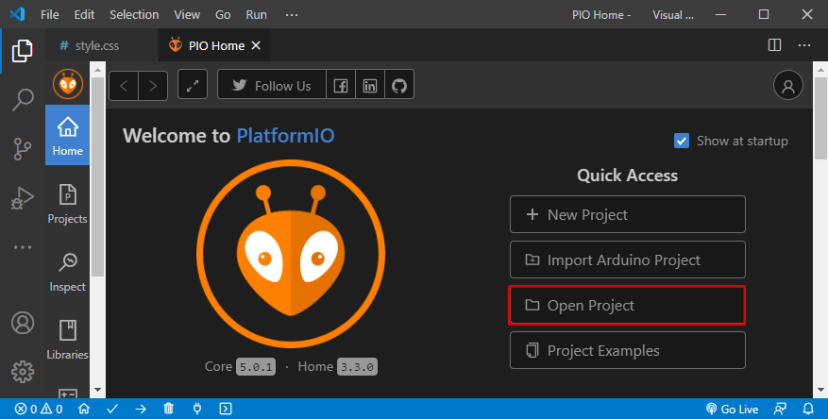 VS Code with PlatformIO Open Project Folder