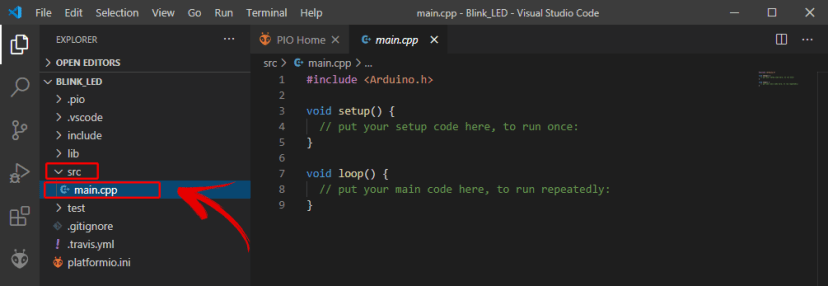 PlatformIO IDE extension main.cpp file under src folder
