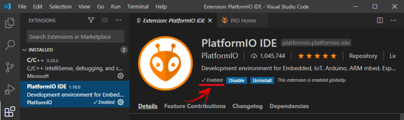 PlatformIO IDE Extension Enabled on VS Code