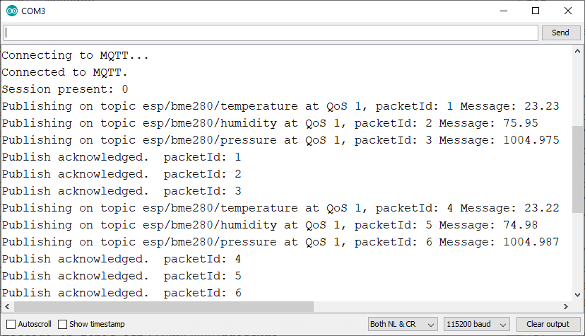 ESP8266 NodeMCU Publish BME280 Sensor Readings MQTT Serial Monitor