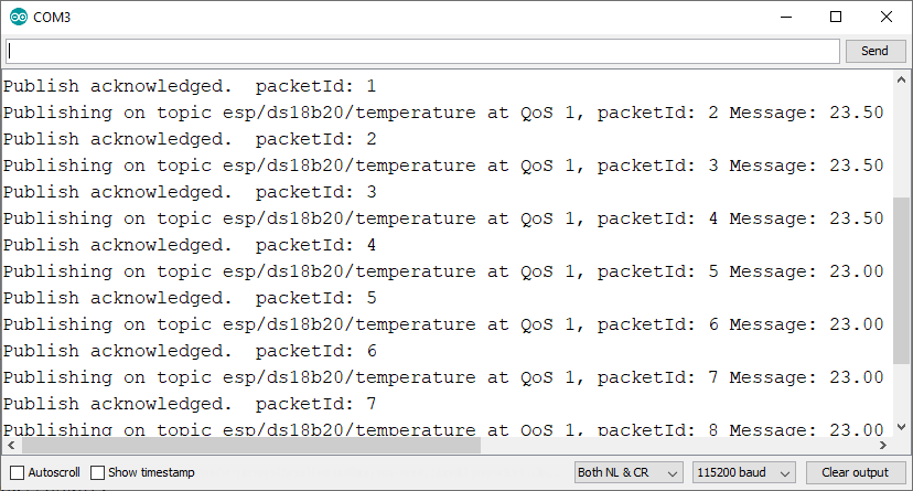 ESP8266 NodeMCU Arduino IDE Serial Monitor MQTT Publish sensor readings debugging demonstration