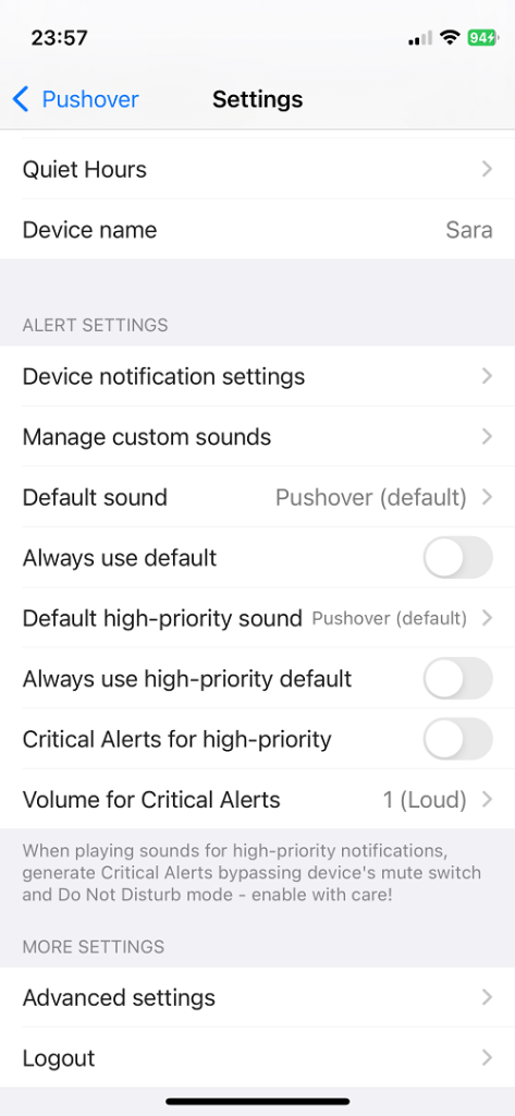 pushover notifications settings