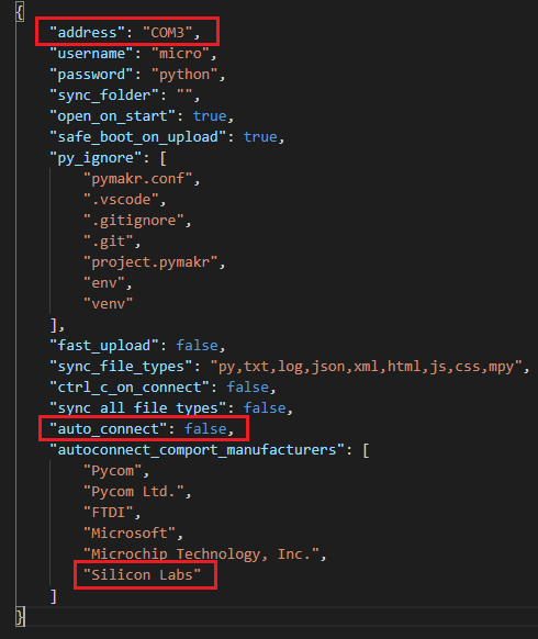 Edit configure Micrpython Pymakr pymark.json config file