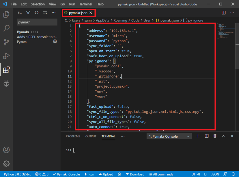 Connecting a MicroPython Device to Pymakr pymark.json config file