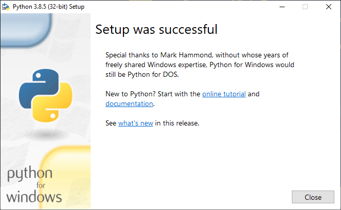 Python Installation successful on Windows PC