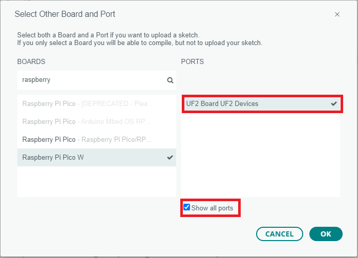 Arduino IDE 2 select Raspberry Pi Pico COM port.