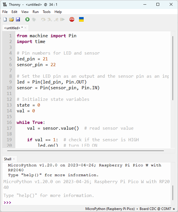 Raspberry Pi Pico RCWL-0516 Microwave Radar Proximity Sensor Demonstration Thonny IDE