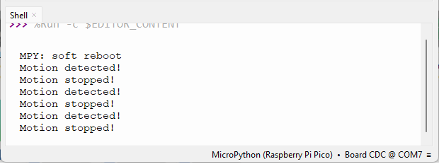 Raspberry Pi Pico RCWL-0516 Thonny IDE Testing serial monitor