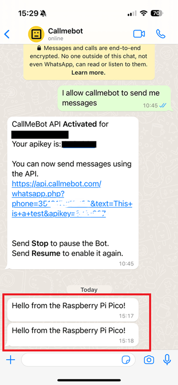 Raspberry Pi Pico send messages to whatsapp