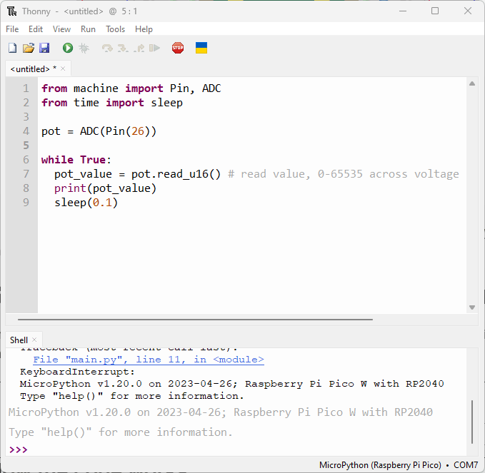 Thonny IDE Raspberry Pi Pico Read Analog Values