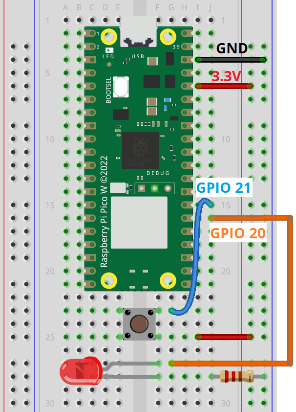 Raspberry Pi Pico Pushbutton LED schematic diagram