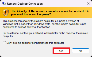 Remote Desktop Connection software accept connection yes option