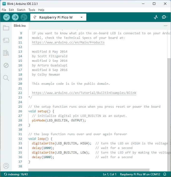 Programming the Raspberry Pi Pico Using Arduino IDE Blink LED sketch