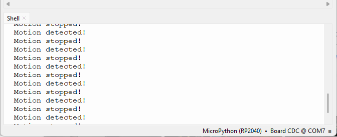 RPi Pico - Testing the PIR Motion Sensor - Thonny IDE Shell