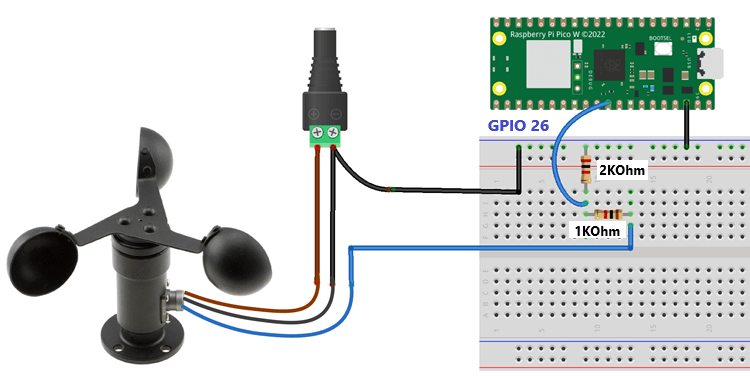 Raspberry Pi Pico with Wind Sensor Anemometer Circuit Diagram