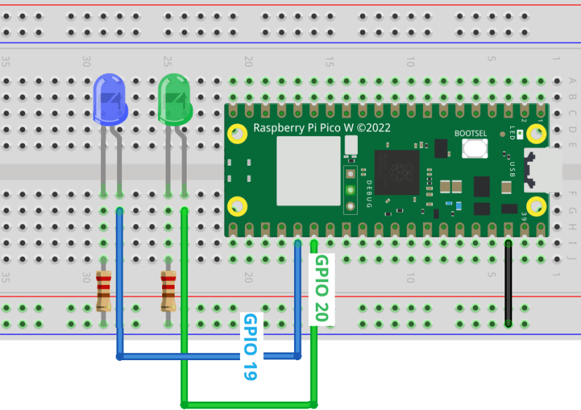 Raspberry Pi Pico Wiring Two LEDs