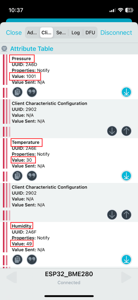 ESP32 Environmental Sensing Service and Characteristics