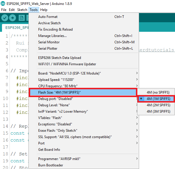 Select ESP8266 NodeMCU board with SPIFFS Arduino IDE