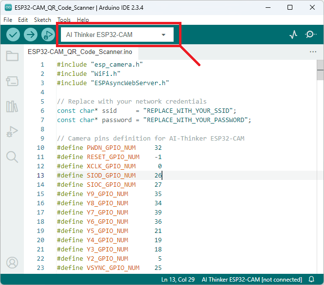 Select the AI-Thinker ESP32-CAM in Arduino IDE