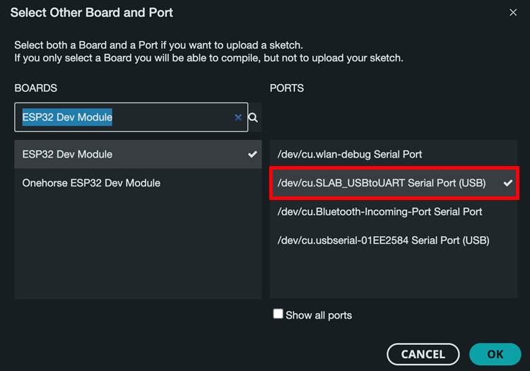 Select ESP32 ESP8266 NodeMCU COM Port Arduino IDE Mac OS X
