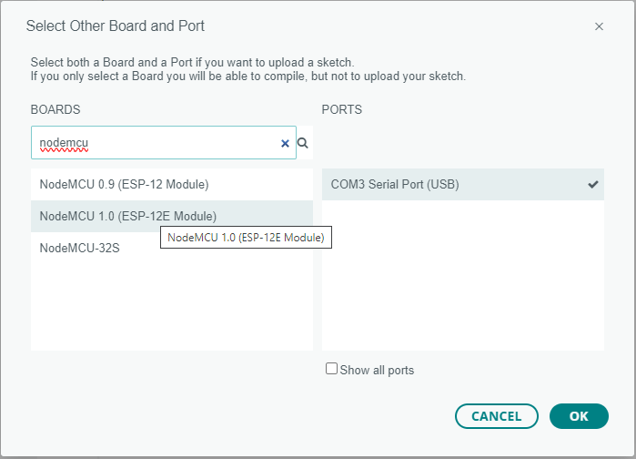 Arduino IDE 2 select board model and COM port