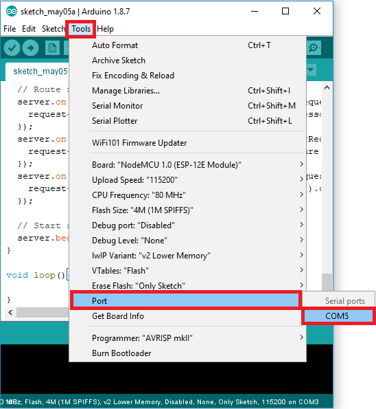 Upload code to ESP8266 NodeMCU board Select Port