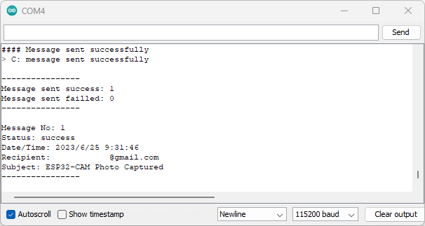 Send Email ESP32-CAM Serial Monitor