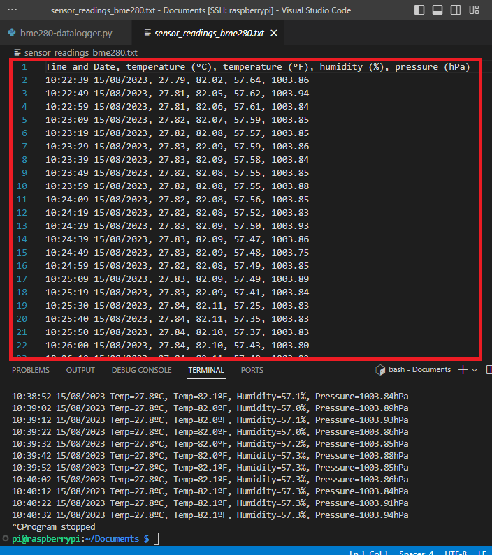 Sensor Readings Data Logger Raspberry Pi VS Code
